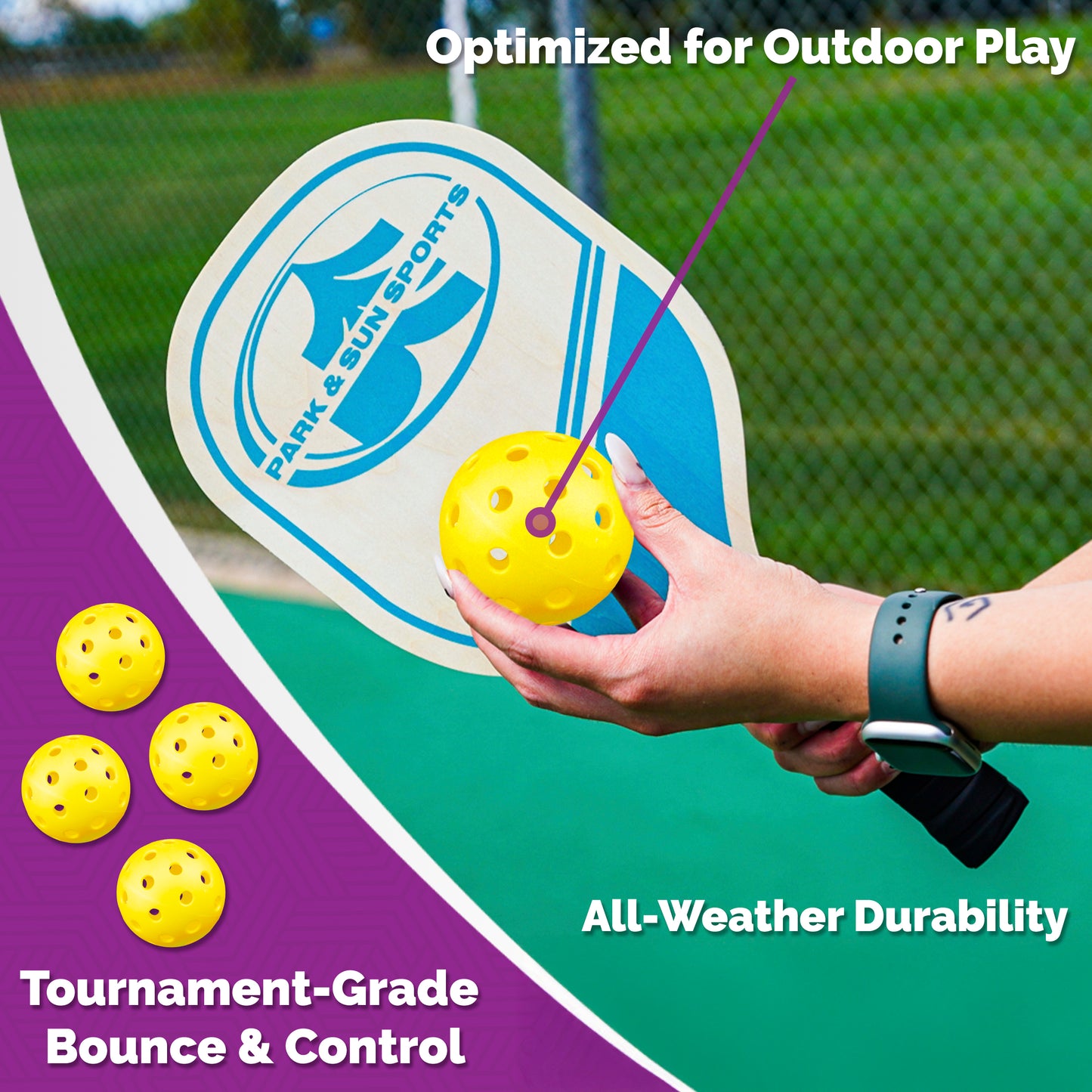 Pickleball Paddle Set: Includes Two 15 in. Wooden Paddles, 3 Yellow Pickleballs, and Equipment Bag