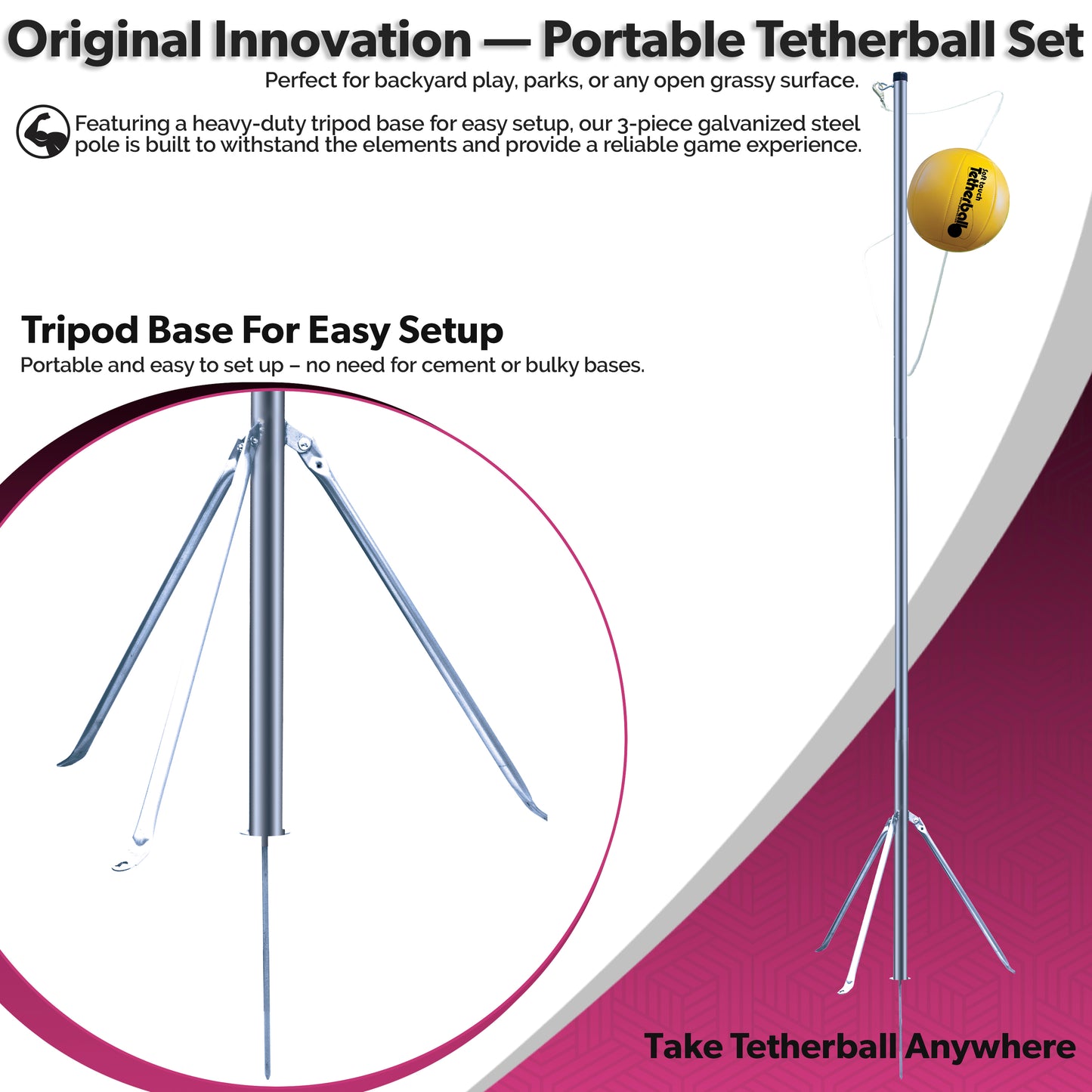 PORTABLE 3 Piece Tetherball Set