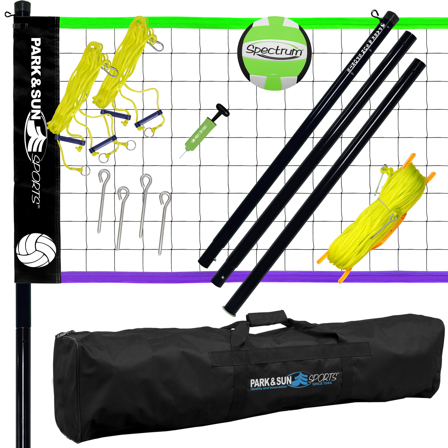 SPIKER SL COMPLETE PORTABLE OUTDOOR VOLLEYBALL NET SYSTEM WITH NEW AND EXCLUSIVE GREEN AND PURPLE FLIP NET