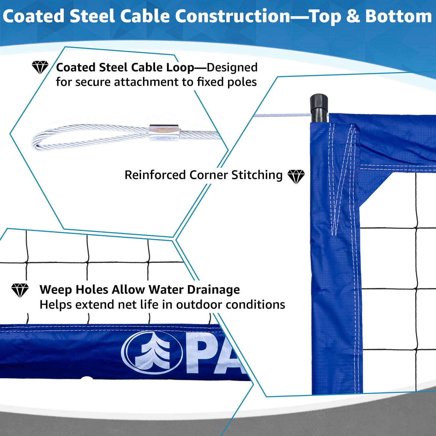 BC-400 Professional Outdoor Volleyball Net – Steel Cable & Fiberglass Dowels